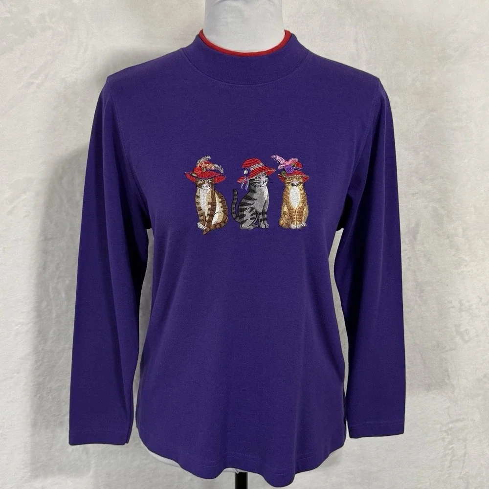 Vintage Cat Lady Mock Neck Sweatshirt Top Size M Crop Purple Red Hat Society 90s - Picture 13 of 13